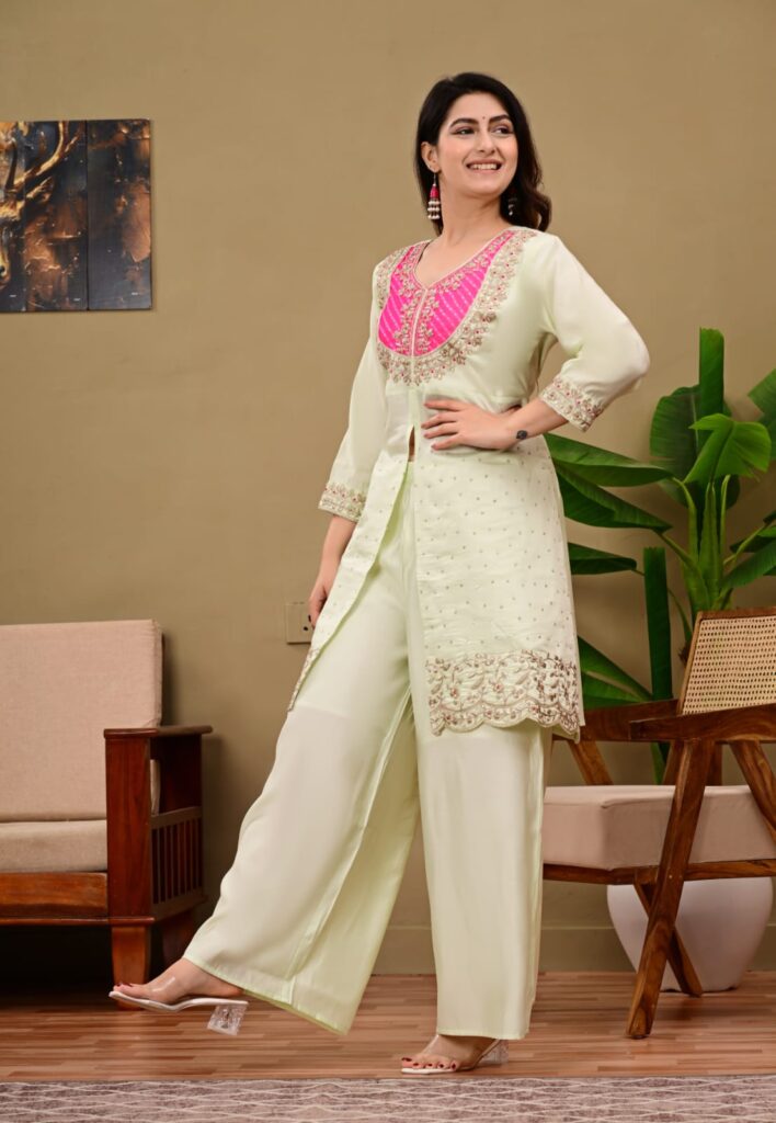 Jikra Jaipur Golden Grace Zardozi Kurta And Flared Pant With Pink Lehariya Neckline & Golden Embroidery