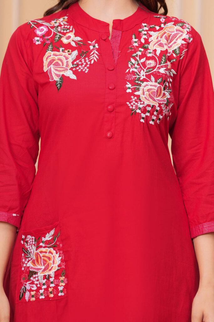 Jikra Jaipur Women’s Floral Embroidered  Pocket Kurta And Pant Set
