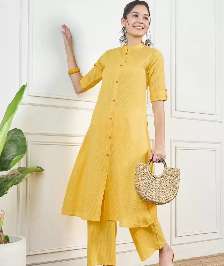 Women’s Kantha Work Self Design Kurta With Mandarin Collar | Pure Cotton A-Line Kurta With Trousers