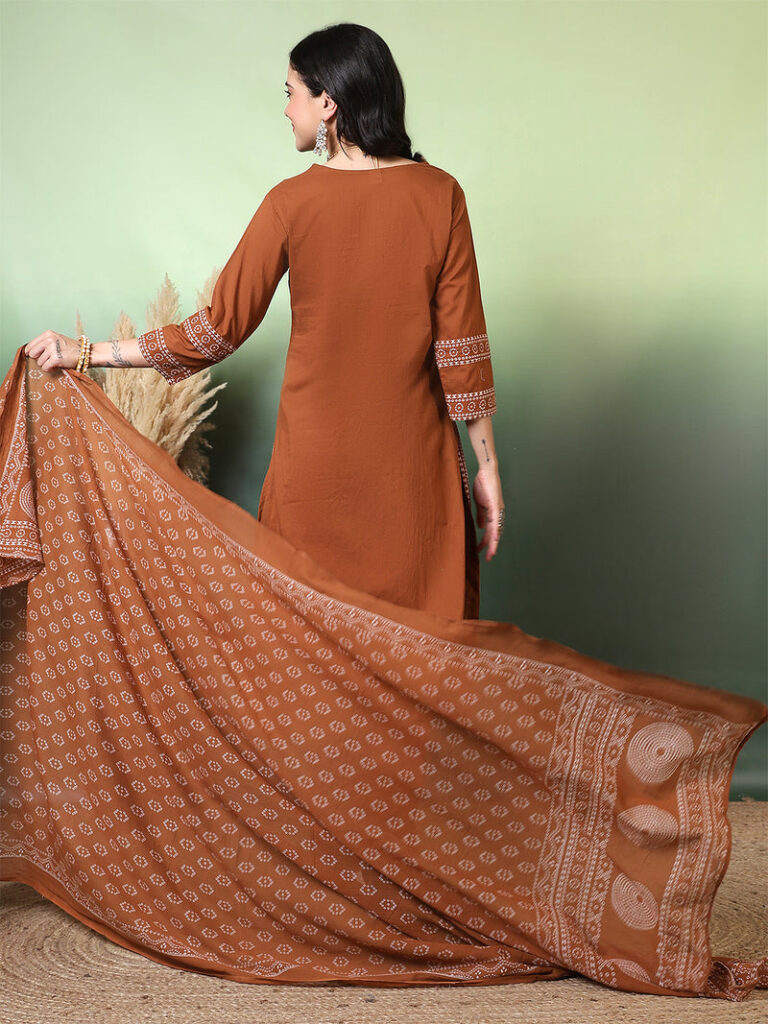 Women Brown Cotton Bandhani Printed Kurta With Trousers And Dupatta