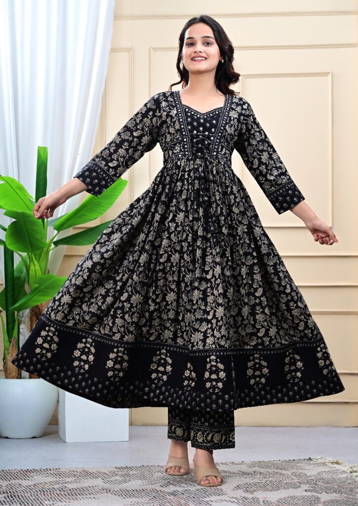 Women Black Handblock Anarkali set With Matching Dupatta