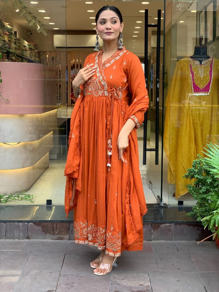 Elegant Cotton Angrakha Anarkali Kurti Pant Set with Dupatta