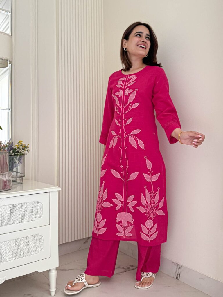 Women’s Rose Cotton Co-ord Set – Cotton Kurti Pant with Embroidery Work