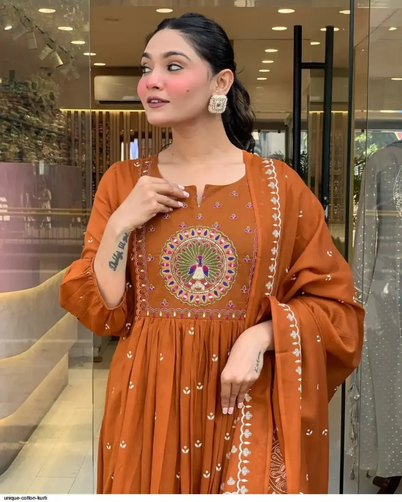 Jikra Jaipur’s Peacock Embroidered Elegant Cotton Anarkali Set With Printed Mulmul  Dupatta